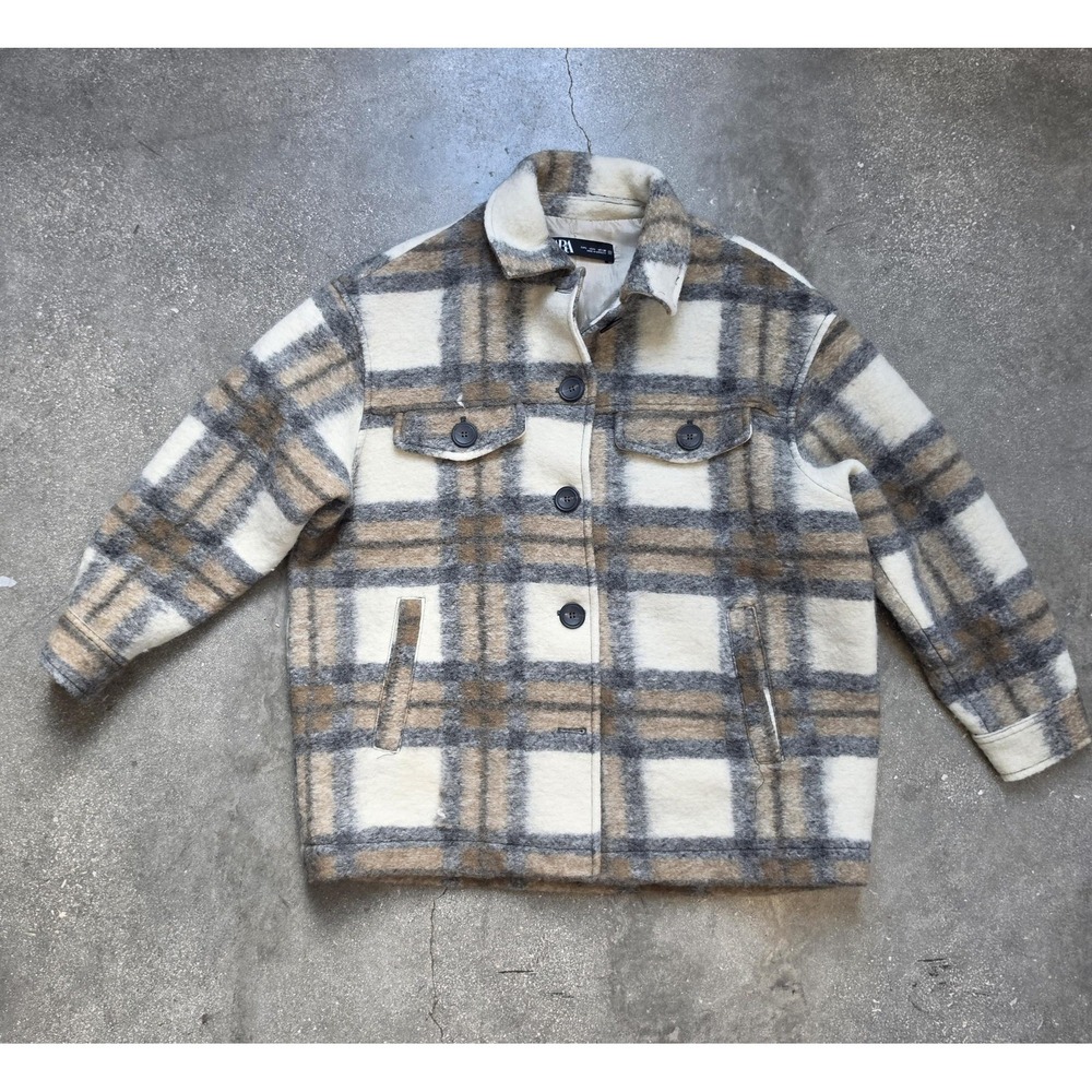 Zara Coat Womens Large Beige Gray Plaid Wool Short Lined Overcoat Button‎ Front